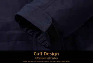 Detail of adjustable velcro cuffs and windproof inner sleeve on men's winter jacket