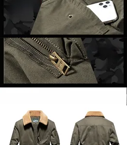 Detailed views of army green cotton canvas jacket with fleece collar and metal zipper