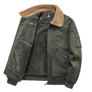 Deep olive green men's bomber jacket with thick sherpa lining and multi-pocket design
