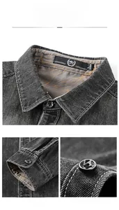 Detail view of dark grey denim shirt collar, stitching quality, and button texture