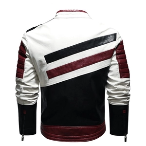 Men's tri-color patchwork faux leather biker jacket with quilted sleeves back view