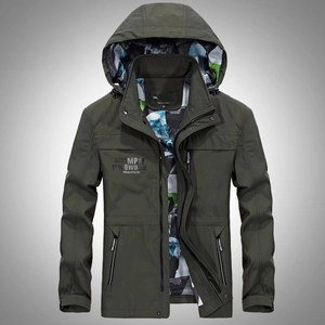 Men's olive green hooded windbreaker jacket with camouflage lining and chest print details