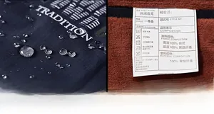Macro shot of waterproof nylon fabric with water droplets and inner fleece lining detail