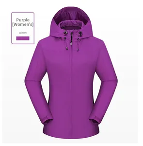Detail view of women's purple hooded outdoor jacket with adjustable drawstring and elastic cuffs