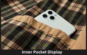 Détail de la poche intérieure d'une veste à carreaux pour homme montrant sa capacité