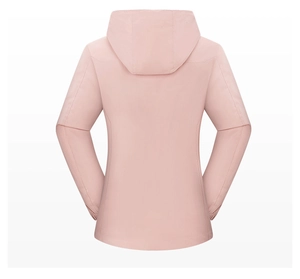 Back view of a women's light pink waterproof hooded outdoor jacket with elastic cuffs