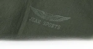Detail of army green outdoor jacket featuring JEAR SPORTS logo print on technical fabric