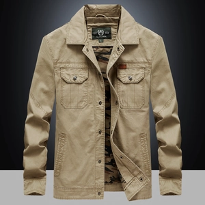 Men's khaki cotton military jacket with cargo pockets and camo lining, lapel style