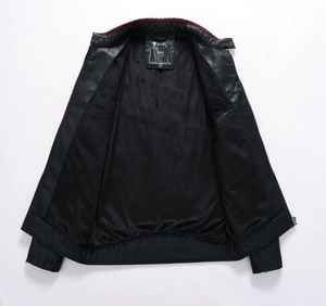 Men's black PU leather motorcycle jacket with stand collar and warm red-brown lining