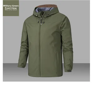 Detail view of army green outdoor waterproof jacket with hood and adjustable velcro cuffs