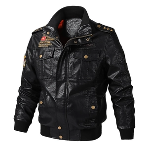 Men's Casual PU Leather Jacket Military Biker Loose Plus Size Multi-Pocket Stand Collar Coat With Army Patches Outwear