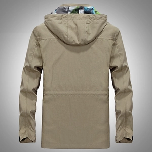 Men's khaki hooded outdoor jacket with adjustable waist drawstring and back view details