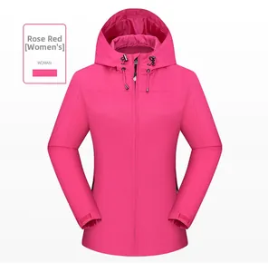 Close-up of rose red waterproof hooded jacket with adjustable drawstrings for women