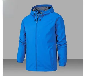 Detailed close-up of blue windproof hooded jacket with adjustable drawstring and Velcro cuffs