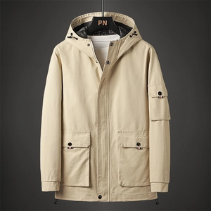 Men Casual Hooded Workwear Jacket Cotton Shell Multi-Pocket Windproof Military Style Outerwear Coat With Ribbon Detail