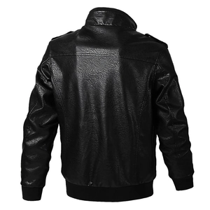 Back view of men's loose fit black faux leather jacket with rib-knit cuffs and hem