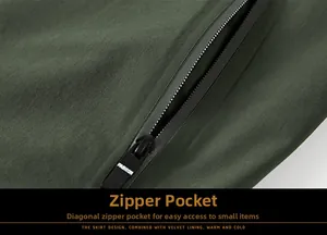 Detail of waterproof zipper pocket on men's dark green outdoor stretch jacket