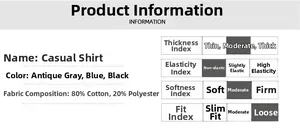 Men's denim shirt specifications table showing cotton fabric blend and size parameters