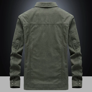 Men's olive green cotton military jacket, back view of solid color casual outdoor work coat