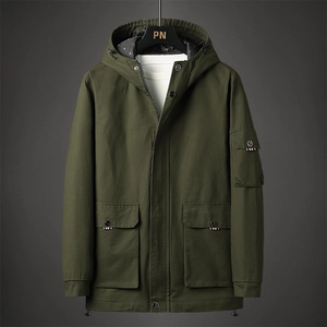 Army green men's hooded work jacket with military style and tricolor pocket ribbon