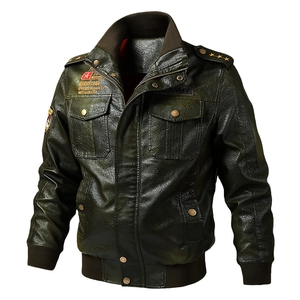 Men's olive green flight jacket in high-quality PU leather with US Army military patches