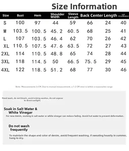 Detailed size chart for men cotton denim shirts with measurements from S to 4XL