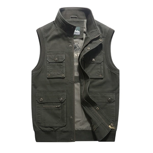 Gilet de Pêche en Plein Air pour Hommes Multi Poches 100% Coton Cargo Décontracté Col Montant Coupe Ample Randonnée Sans Manches