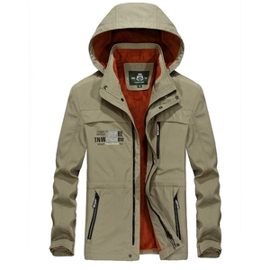 Men's khaki green winter hooded windbreaker with warm orange fleece lining and zip pockets