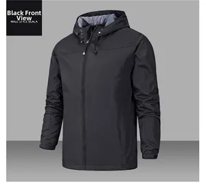 Male style black hooded waterproof jacket featuring adjustable cuffs and drawstring hood