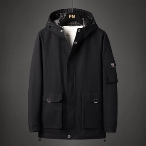 Men's casual hooded utility jacket in black with tricolor ribbon pocket details