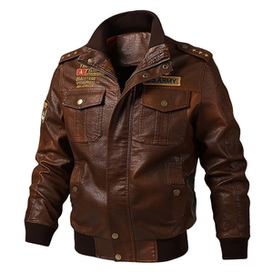 Men's vintage brown faux leather bomber jacket with U.S. Army patches and tactical pockets