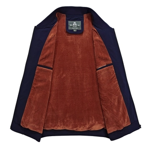Men's navy blue zip-up stand collar jacket with warm thick brown fleece lining