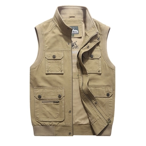 Gilet de pêche extérieur kaki pour hommes avec multi-poches et toile de coton robuste