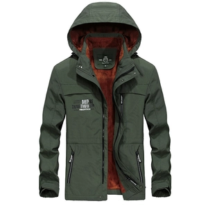 Men's army green hooded jacket with warm caramel fleece lining and cargo style