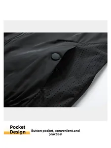 Detail of laser-cut breathable fabric and pocket button on black slim fit jacket