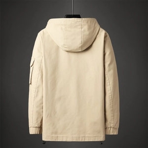 Men's khaki hooded work jacket featuring a utility sleeve pocket and tactical drawstrings