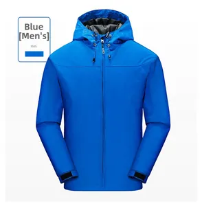 Detail of royal blue hooded windbreaker with adjustable velcro cuffs and zip closure