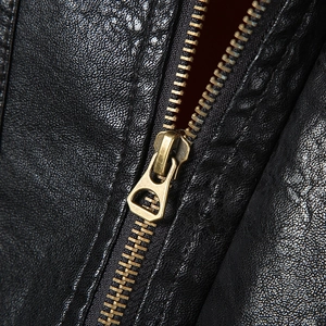 Classic black faux leather biker jacket with premium gold metal zipper details