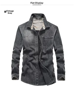 Flat lay of antique gray long sleeve cotton denim shirt with chest pocket and pattern lining