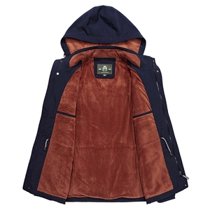 Men's navy blue fleece-lined hooded winter jacket with warm brown faux fur and dual closure
