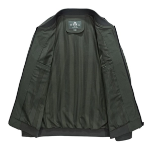 Men's dark olive green stand collar jacket with breathable black mesh lining and ribbed cuffs