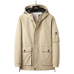Men's khaki hooded cargo jacket with multi-pocket design and zip closure in twill fabric