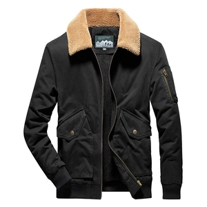 Men's winter aviator jacket with khaki fleece collar and durable black canvas shell