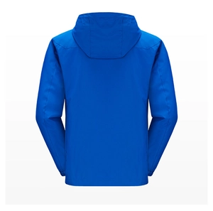 Rear view of light blue waterproof windbreaker showing hooded design and elastic cuffs