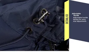 Close-up of adjustable hood drawstrings and metal eyelets on a waterproof jacket
