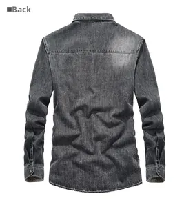 Rear view of dark grey long sleeve denim shirt with washed finish and cotton fabric
