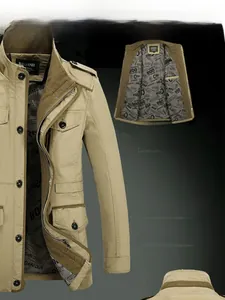 Detail of khaki business jacket featuring metallic zipper, stand collar and epaulettes