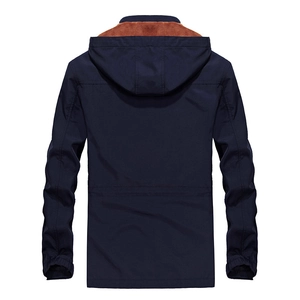 Men's navy blue hooded outdoor jacket with warm fleece lining and windproof fabric