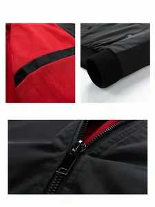 Detailed views of red mesh lining, ribbed windproof cuffs, and smooth metal zipper on jacket