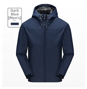 Detail of dark blue waterproof outdoor jacket with hood drawstrings and adjustable cuffs